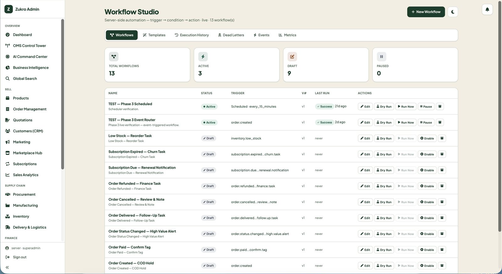 Zukro Commerce OS Workflow Studio — server-side business automation with trigger, condition and action rules. Automate reorders, GST invoicing, WhatsApp follow-ups and dispatch alerts.